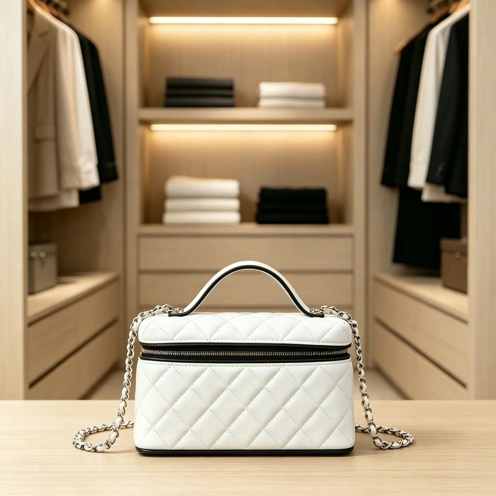 Women Vanity Bags - Tas Rias Berbahan Quilting Warna Putih,