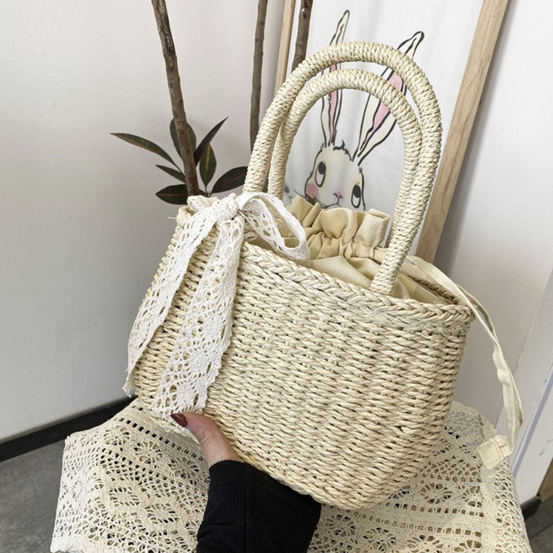 Women'S Bags Holiday - Tas Tangan Serut Anyaman Jerami Wanita