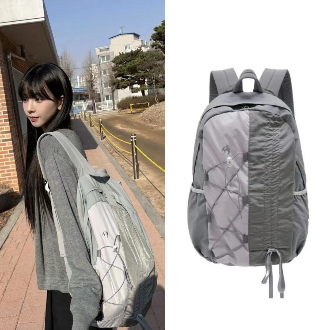 Women Bags Grey - Ransel Nilon Tambal Sulam Tas Sekolah